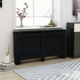 Black MDF radiator cover with slatted design, 59.8x7.5x32.1 inches, in a modern living room.