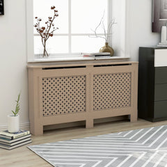 Beige MDF radiator cover with slatted design and shelf, in a modern living room.