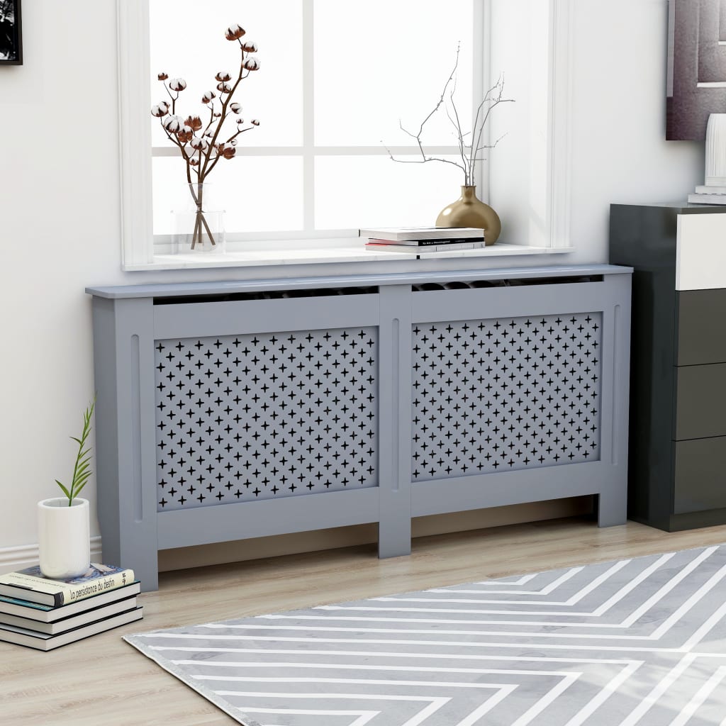 Anthracite MDF radiator cover with slatted panels and top shelf for decor, 67.7x7.5x32.1 cm.