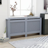 Anthracite MDF radiator cover with slatted panels and top shelf for decor, 67.7x7.5x32.1 cm.