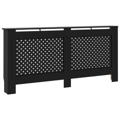 Black MDF radiator cover with honeycomb slats, measuring 67.7x7.5x32.1 cm.