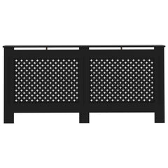 Black MDF radiator cover with slatted honeycomb front, measuring 67.7x7.5x32.1 cm.