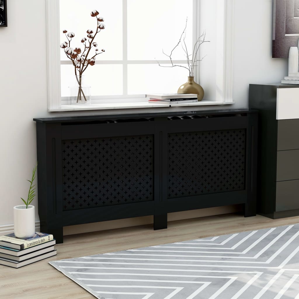 Black MDF radiator cover, 67.7x7.5x32.1 cm, in a modern living room with slatted front.