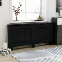 Black MDF radiator cover, 67.7x7.5x32.1 cm, in a modern living room with slatted front.