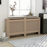 Beige slatted MDF radiator cover, 67.7x7.5x32.1 inches, in a modern living room.