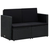 Sofa Black PE Rattan, Powder-Coated Steel, Polyester 2-Seater