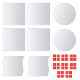 16-piece frameless glass mirror tiles set in square, round, and S-shapes.