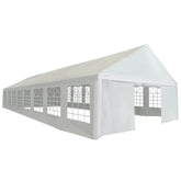 White PE party tent with decorative windows and roll-up doors for outdoor events.