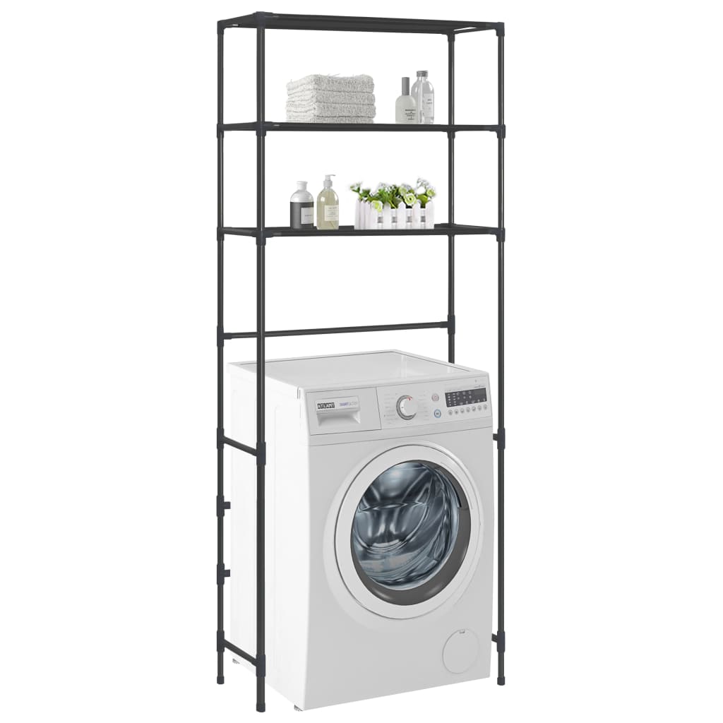 A black 3-tier laundry rack stands over a white front-loading washing machine.
