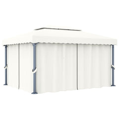 Cream white aluminum gazebo with curtains, featuring a double roof and sturdy structure.