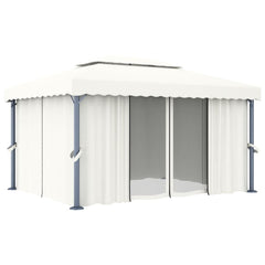 Cream white aluminum gazebo with curtains and double-roof design for airflow and shade.