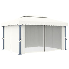Cream white aluminum gazebo with curtains and a double-roof design for airflow.
