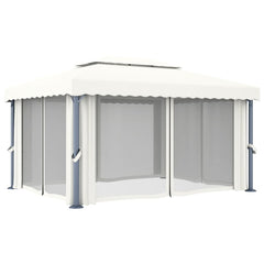 Cream white aluminum gazebo with curtains, featuring a double-roof design and sturdy support.