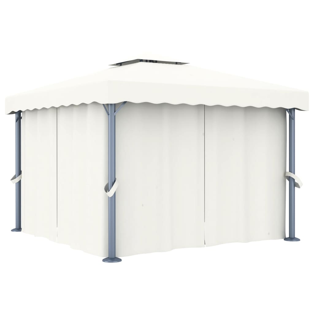 Cream white aluminum gazebo with curtains and a two-tier roof for airflow and privacy.