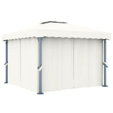 Cream white aluminum gazebo with curtains and a two-tier roof for airflow and privacy.