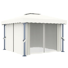 Cream white aluminum gazebo with curtains and a 2-tier roof for airflow and privacy.
