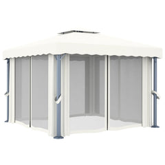 Cream white aluminum gazebo with curtains and a two-tier roof for airflow and privacy.