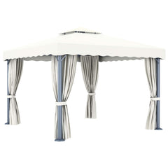 Cream white aluminum gazebo with curtains and a 2-tier roof for airflow and privacy.