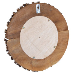 Back view of 15.7-inch round teak wood wall mirror with rustic woven frame and hanging hook.