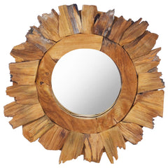 15.7-inch round teak wood wall mirror with petal-shaped frame design.