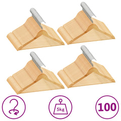 Four light brown non-slip hardwood clothes hangers with metal hooks, supporting up to 5 kg each, in a 100-pack.