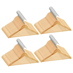 Four light brown non-slip hardwood clothes hangers with metal hooks.