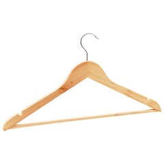 Light brown non-slip hardwood clothes hanger with metal hook.