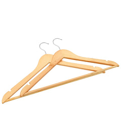 Light brown non-slip hardwood clothes hangers with metal hooks.