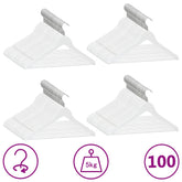 100 white non-slip hardwood clothes hangers with metal hooks, supporting up to 5kg.