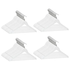Set of 100 white hardwood clothes hangers with non-slip grip and metal swivel hooks.