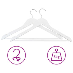 Pack of white non-slip hardwood clothes hangers with swivel hooks supporting up to 5kg.