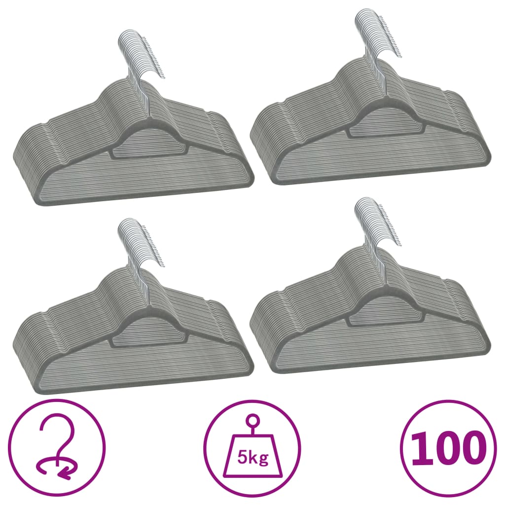 Four gray velvet anti-slip clothes hangers with rotating hooks, supporting up to 5kg, in a 100-pack.