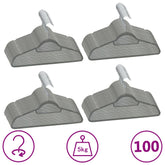 Four gray velvet anti-slip clothes hangers with rotating hooks, supporting up to 5kg, in a 100-pack.