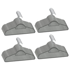 Four gray velvet anti-slip clothes hangers with rotating hooks.