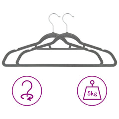 Gray velvet anti-slip clothes hangers with rotating hooks, supporting up to 5kg.
