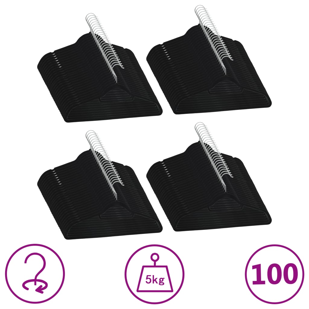 100-pack of black velvet anti-slip clothes hangers with rotatable hooks.