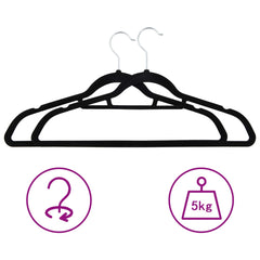 Pack of black velvet anti-slip clothes hangers with curved shoulders and hooks, supporting up to 5kg.