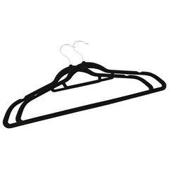 Black velvet anti-slip clothes hangers with curved shoulders and rotatable hooks.