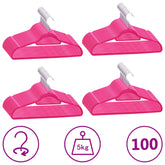 Set of 100 pink velvet anti-slip clothes hangers with swivel hooks and trouser bars.