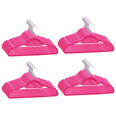 Four pink velvet anti-slip clothes hangers with swivel hooks.