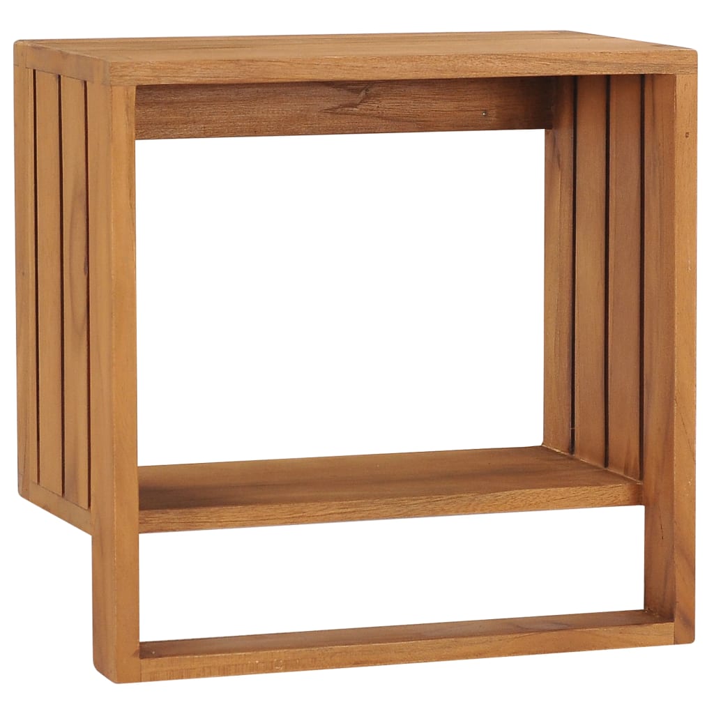 Wall-mounted solid teak wood towel rack with shelf, measuring 13.8x7.9x13.8 inches.