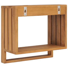 Wall-mounted solid teak wood towel rack with shelf, 13.8x7.9x13.8 inches.