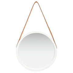 White 15.7-inch round wall mirror with adjustable faux leather strap.