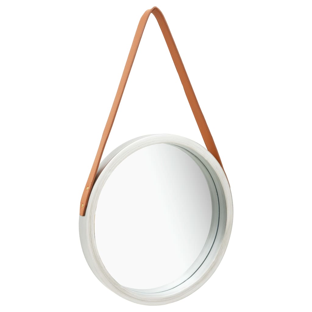 A 15.7-inch round silver wall mirror with a brown faux leather hanging strap.