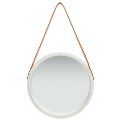 A 15.7-inch round white wall mirror with a brown faux leather strap and silver accents.