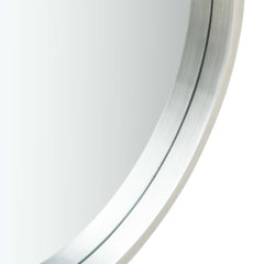 15.7-inch round silver wall mirror with faux leather strap.