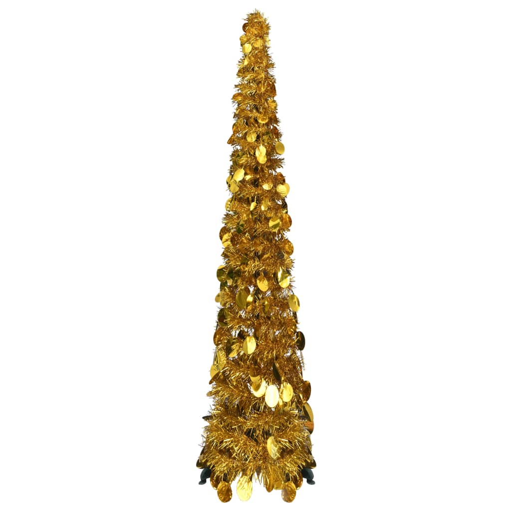 4ft gold artificial Christmas tree made of PET material with a pop-up design for easy setup.