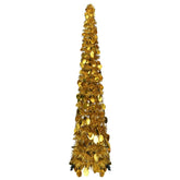 4ft gold artificial Christmas tree made of PET material with a pop-up design for easy setup.
