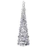 6ft silver pop-up artificial Christmas tree made of durable PET material for easy storage.