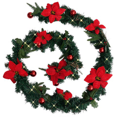 8.9-foot green PVC Christmas garland with red poinsettias, red berries, and 50 LED lights.